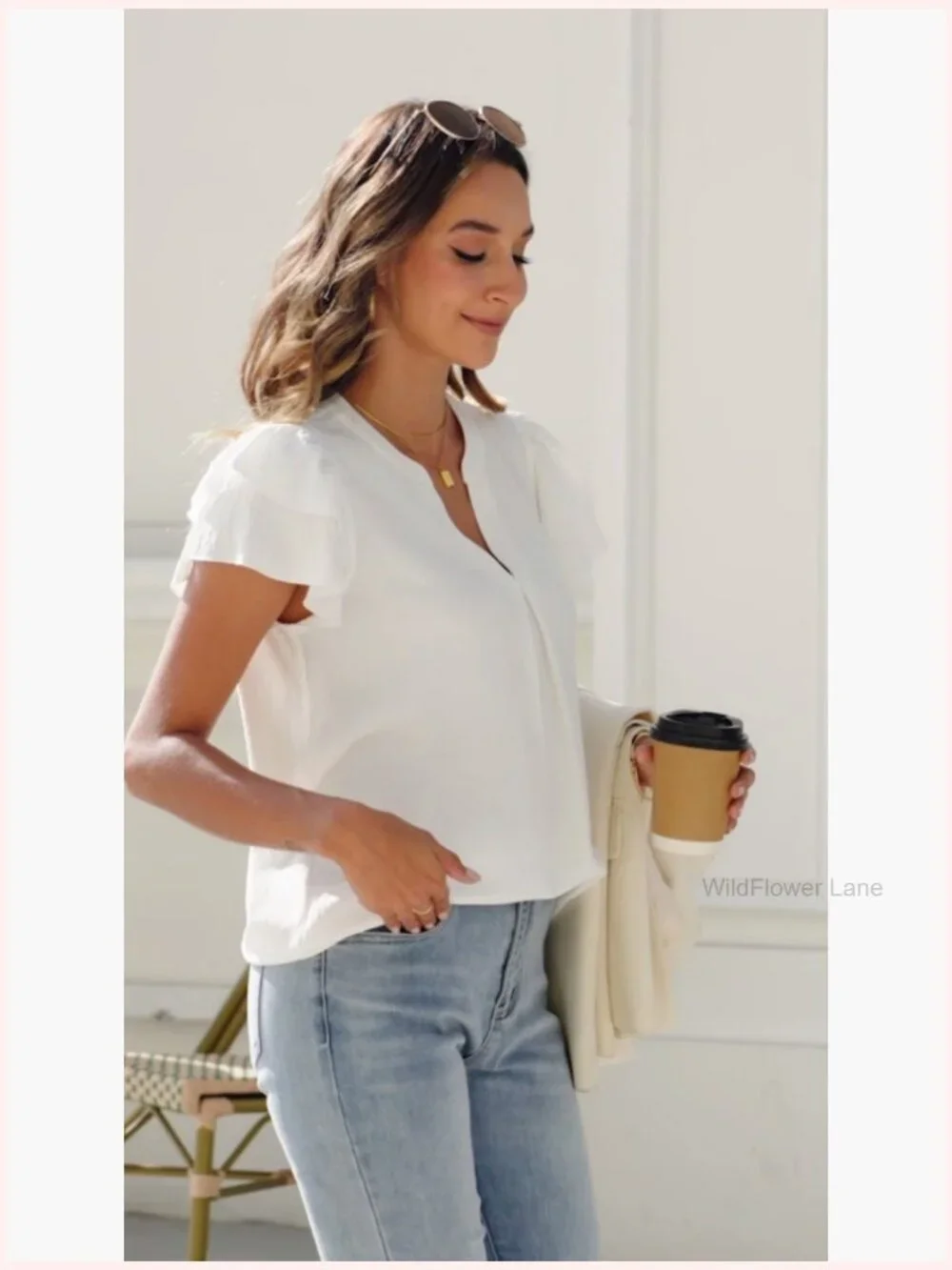 Ruffle Short Sleeve V Neck Tunic Blouse Flowy Business Casual Top Office Shirt - Picture 7 of 7